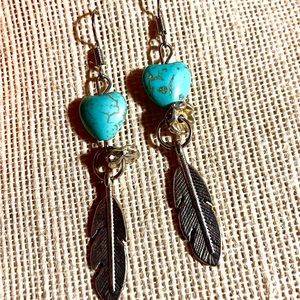 Turquoise like. feather earrings.